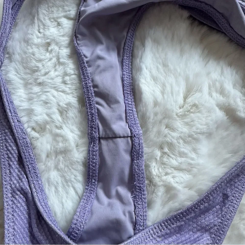 Frankie’s Bikinis lavender sparkly Olivia bikini top + thong bottoms